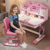 Kids Study Table and Chair Set, Height Adjustable Children Desk with Storage Drawer & Shelves, for Studying, Reading, Drawing, for Kids Ages 3-12 Years (Pink)