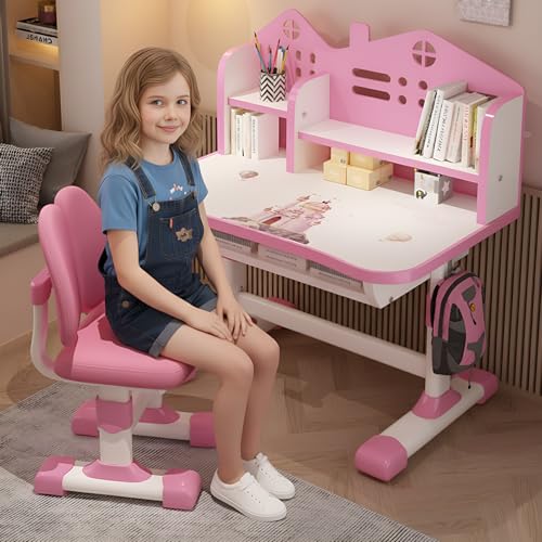 joukares Kids Study Table and Chair Set Height Adjustable Children Desk with Storage Drawer & Shelves for Studying Reading Drawing for Kids Ages 3-12 Years (Pink)