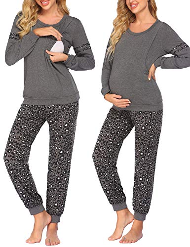 Image of Ekouaer Materntiy & Nursing Pajamas Sets Long Sleeve Breastfeeding Pajamas with Jogger Pants for Hospital