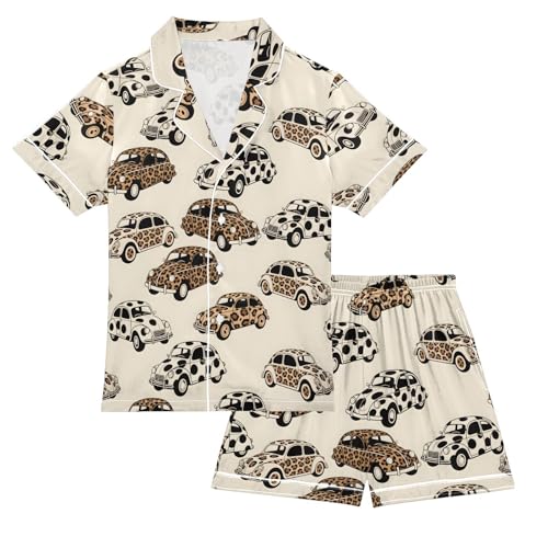 Leopard Car Print Summer Pajamas Set Soft Satin Pjs Sets 2 Piece Short Sleeve Sleepwear Casual Clothes