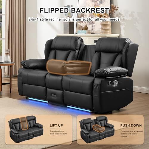 Image of Loveseat Recliner Sofa, RV Recliner Couch, Manual Reclining Loveseat with Console for Living Room, Home Theater Seating with AC /USB C /USB LED Light Drawer (Black,Loveseat with Console)