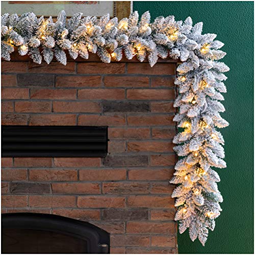 Glitzhome 9ft Pre-Lit Snow Flocked Christmas Garland and Warm White LED Lights with Timer