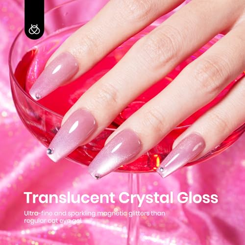 Image of Beetles Pink Cat Eye Gel Nail Polish - 15ML Pink Cat Eye Glitter Gel Polish with Magnet Jelly Translucent Glass Effect Soak Off UV Nail Art DIY Manicure Gifts for Women