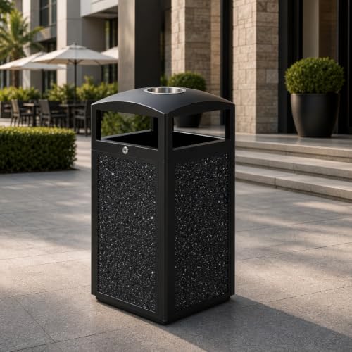 Image of Commercial Outdoor Trash Can with Ashtray and Lockable Lid | Heavy Duty，15 Gallon, Removable Inner Liner, Stone Composite Panels, Black