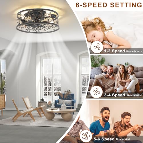 Image of Garwarm 18 inch Caged Ceiling Fan with Light, Bronze Fandelier with Remote | Farmhouse Ceiling Fan,Low Profile Flush Mount Fan Light, 6-Speed Reversible DC Motor for Small Bedroom, Kitchen, Dining Room