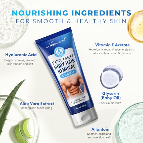 Image of Hair Removal Cream for Men: Sensitive Depilatory Cream for Men - Body Legs Chest Underarms Intimate Areas - Vitamin E - Painless Effective Flawless Soothing Easy - Hair Remover - Gentle Formula - 120g