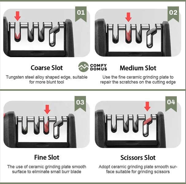 Miniatura 3 de Afilador de cuchillos manual de 3 etapas, herramienta de cocina profesional con mango ergonómico, rojo y negro