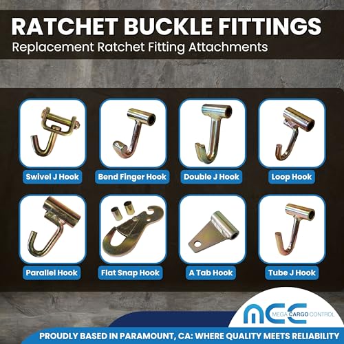 Image of Mega Cargo Control Looped J Hook Replacement Ratchet Fittings | for Ratchet Buckles and Tie Down Straps | Secure Hooks in Tow Truck Trailer (2-Pack)
