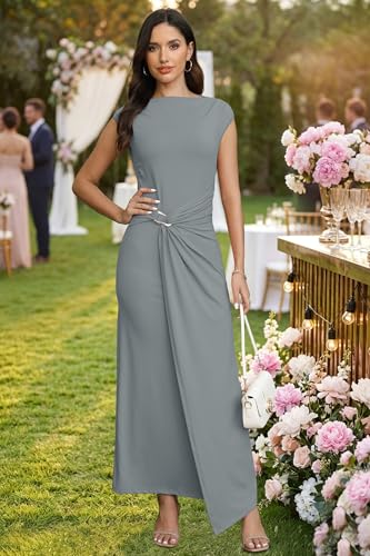 Image of Cocktail Dresses for Women 2026 Summer Formal Bodycon Cap Sleeve Dress Elegant Wedding Guest Party Long Maxi Dress