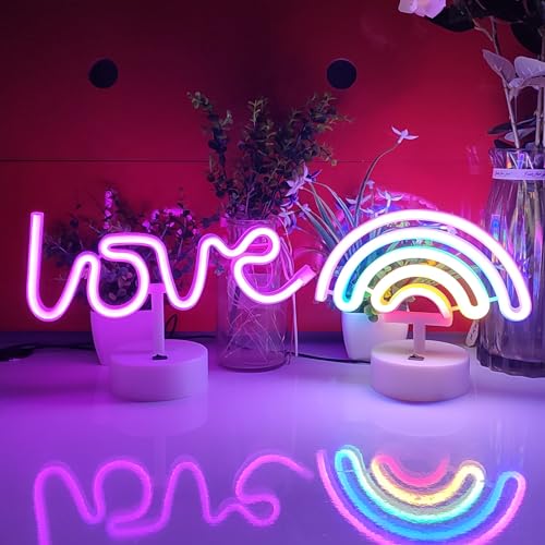 Image of JYWJ Neon Signs with Holder Base,USB or 3-AA Battery Powered Neon Light,LED Table Decoration,Bedroom Wall Decoration,Birthday Gift,Wedding Supplies Business Gift(Love)