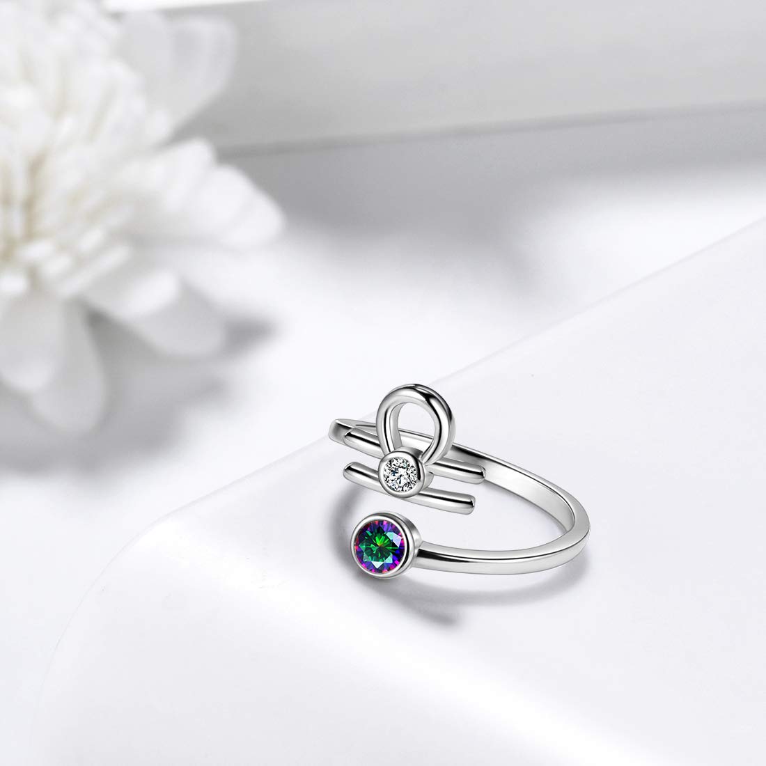 Aurora Tears 12 Zodiac verstellbare Ringe 925 Sterling Splitter Mystic Rainbow Topaz Konstellation offener Ring Horoskop mit Zirkonia Schmuck Geschenk für Frauen und Mädchen DR0087
