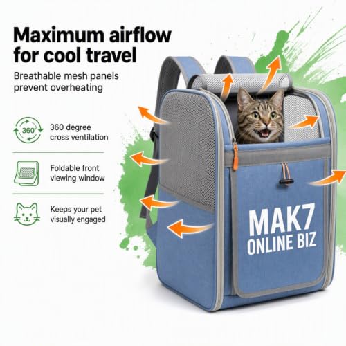 Image of MAK7 Pet Carrier Backpack for Cats, Small Dogs and Puppies, Breathable Mesh Travel Bag with Built-in Safety Leash and Thick Stable Base Pad, Blue