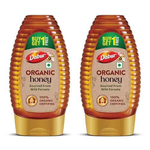 Image of Dabur Raw Organic Honey Squeezy Pack - 450g (225g x 2) | Buy 1 Get 1 Free | 100% Pure and Natural | NPOP Organic Certified | Raw, Unprocessed & Unpasteurized Honey | Sourced from Wild Forests