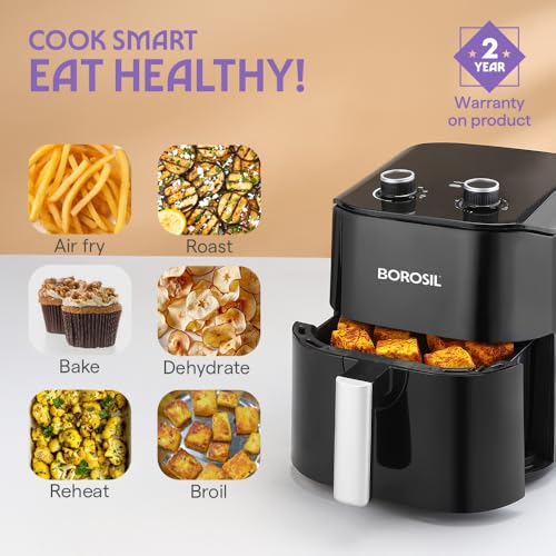 Image of Borosil 4.5 L Best 1380W Air Fryer | 4 in 1 Function with QuickFry Technology, Auto Off Function | Air Fryer for Bake, Grill, Roast, Reheat etc. | 90% Less Oil | 2 Year Warranty | Black