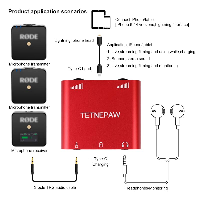 Plus - Micrófonos Lavalier inalámbricos con adaptador de carga, soporte Lightning a audio y micrófono, compatible con Apple y Android para YouTube, Twitch y TikTok Live Streaming (rojo)