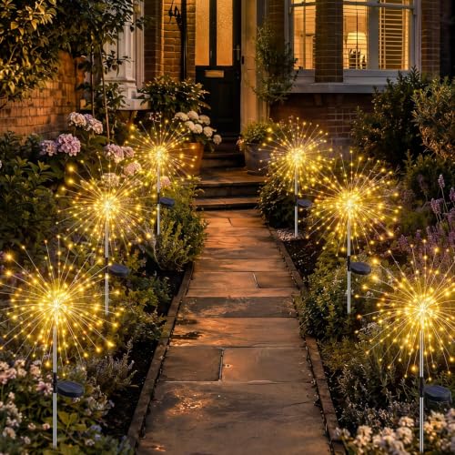 Fairdeer Solar Firework Lights Outdoor Garden 6 Pack Warm White 120 LED Solar Starburst Garden Stake Lights with 8 Modes Waterproof Decorative Pathway Lights for Garden Patio Lawn & Flower Beds