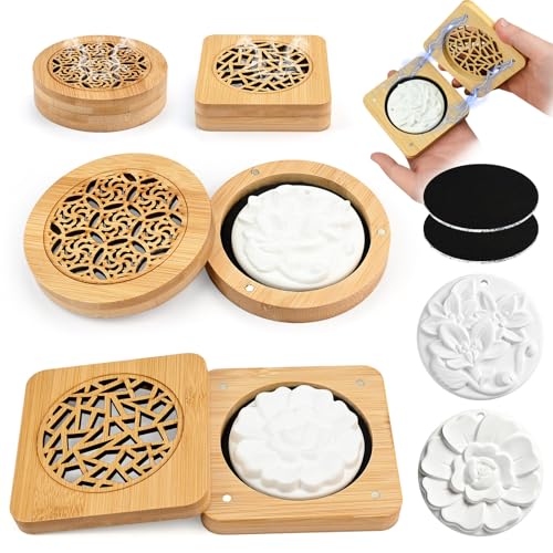 4 Duftsteine für Ätherische Öle mit 2 Holz Duftsteinboxen, Kleiner Aroma Diffusor Set für Aromatherapie in Schlafzimmer, Badezimmer, Büro, Auto und unterwegs