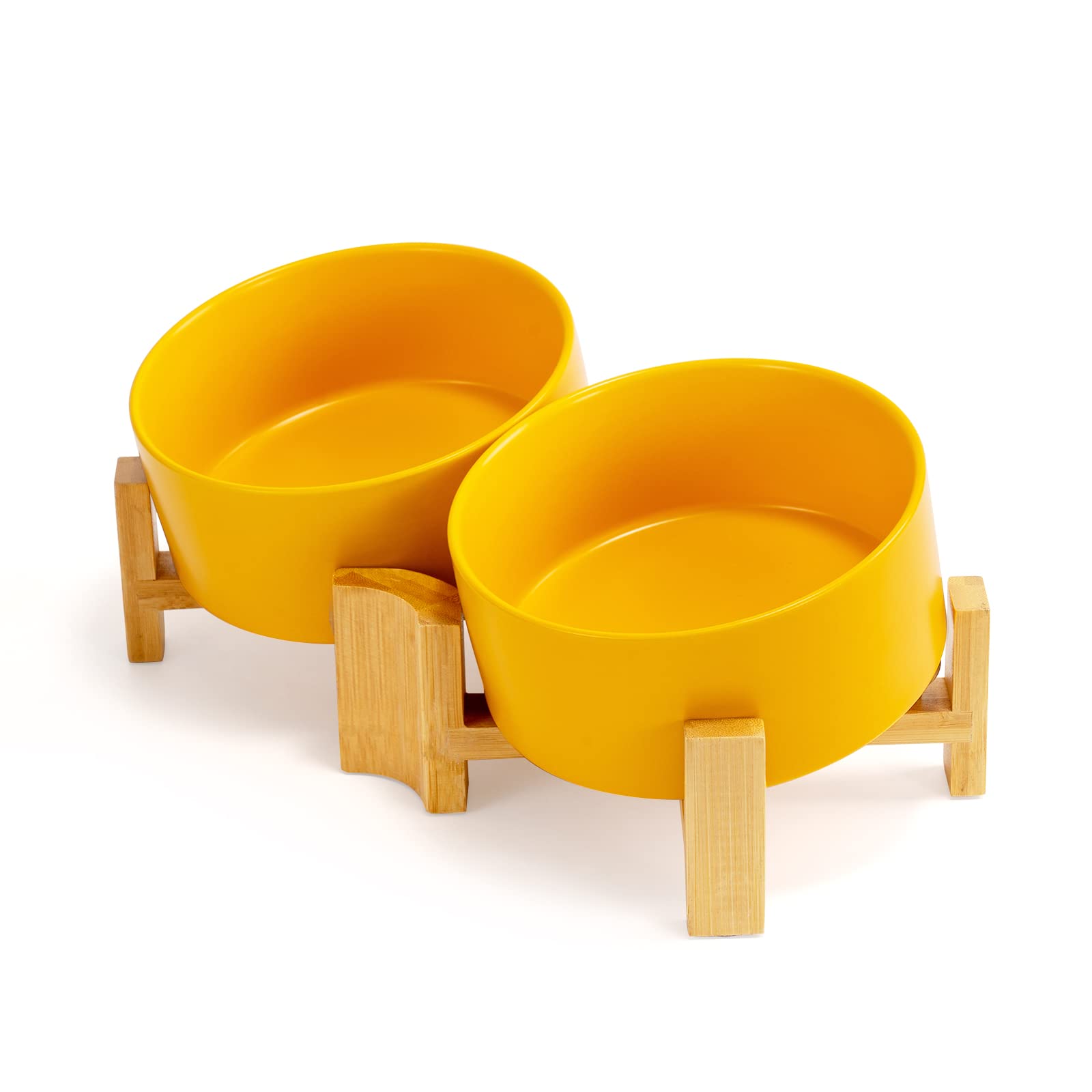 SPUNKYJUNKY 15° Slanted Ceramic Dog and Cat Bowl with Wooden Stand, Tilted Bulldog Food and Water Bowl No Slip Non-Spill for Cats Medium Dogs Big Face