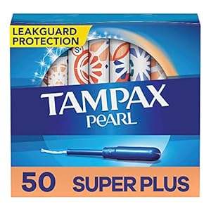Tampax Pearl Tampons Super Plus Absorbency, with Leakguard Braid, Unscented, 50 Count