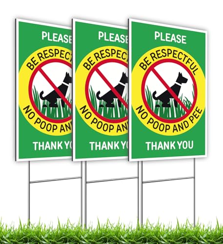 ULVEOL Set of 3 Double Sided 12x8 Inches Please Be Respectful No Poop And Pee Thank You Sign with Metal Stakes - No Pet Pooping or Waste or Poop - No Pooping and No Peeing Dog Yard Signs