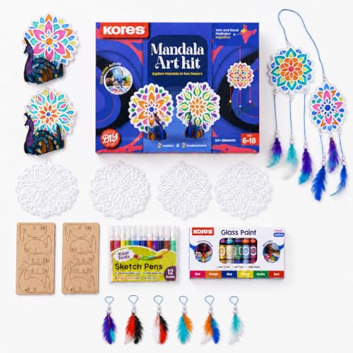 Image of Kores Mandala Art Kit for Kids (6-18 Years) | Glass Paint DIY Art & Craft Kit | Make Coasters & Dreamcatchers | 50+ Elements | Creative & Mindful Activity