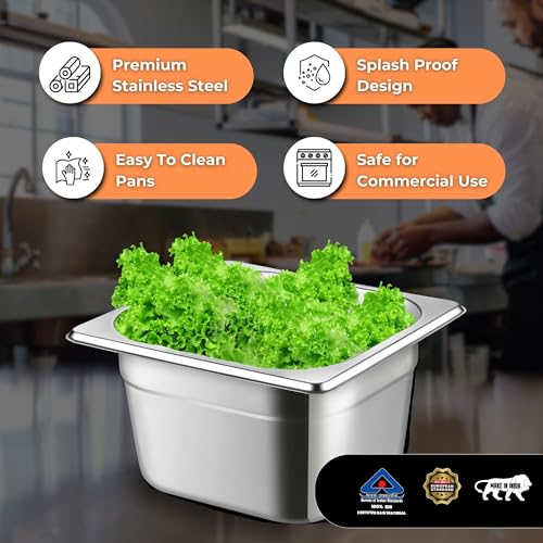 Image of HS Stainless Steel GN Pan Sixth Size 1 /6 100mm Depth 1.5L Capacity Anti-Jam Design 100% BIS Certified Raw Material European Standard Made in India 17.6 x 16.2 x 10 cm Professional Kitchen Grade