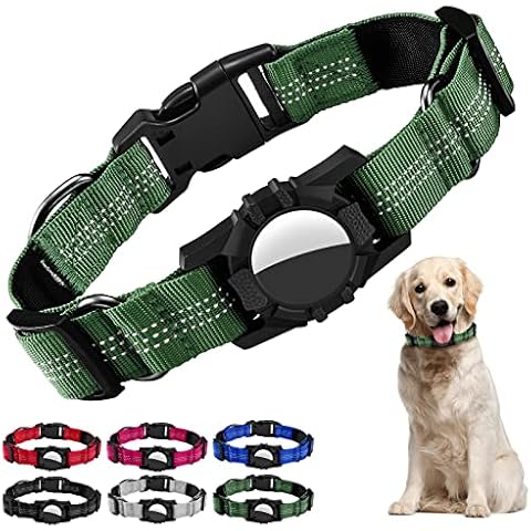 Dog Collar for Airtag, Reflective Adjustable Pet Collar for Apple AirTags, Soft Nylon Dog Collars with Air Tag Holder Case, Durable Apple Airtag Dog Collar Accessories for Large Dogs (L, Army Green) Cover