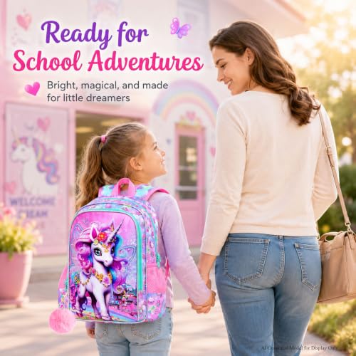 Image of HPJGD 3PCS Unicorn Backpack, Water Resistant Girls Bookbag Set with Lunch Box,Cute Kids Elementary School Bag for Preschool Toddler