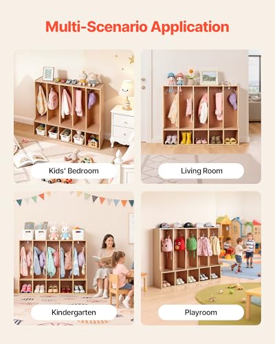 Image of VEVOR 5-Section Coat Locker with Bench, Kids Lockers with 10 Hooks & Non-Slip Mat, Classroom Cubbies for Daycare, Home, Kindergarten- Natural