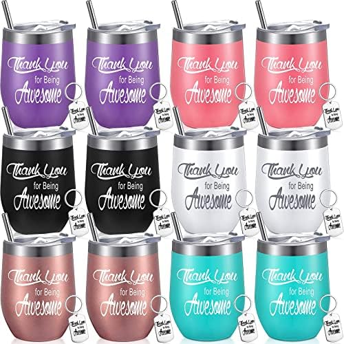 Appreciation Gifts Thank You for Being Awesome Wine Tumbler Thank You Gifts for Women Staff Employee Inspirational Appreciation Keychain, Stainless Steel Tumbler(Assorted Color,12 Sets)