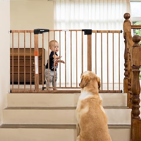 BABELIO 29-55" Extra Wide Baby Gate with Wood Pattern, Metal Auto Close Dog Gate,Pressure Mounted Pet Gate for Doorways, with Y Threaded Spindle Rods, No Tools Required Cover