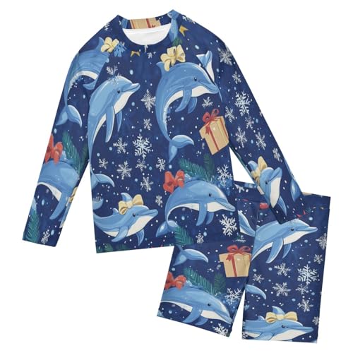Xmas Dolphin Snowflake Boys Swimsuit Rash Guard Toddler Kids Long Sleeve Swim Shirt and Trunks Swimwear Set 3-10Y