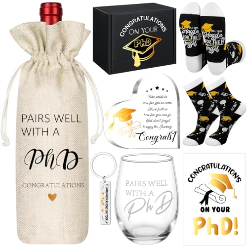 Chunful 7 Pcs PhD Graduation Gifts Doctorate Graduation Gift Set for Women 17oz Wine Glass Wine Bag Keychain Acrylic Keepsake Socks Greeting Card & Box Funny Pairs Well with a PhD Gifts