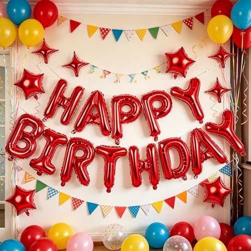 Image of Red Happy Birthday Balloons Banner 16 Inch Mylar Foil Letters, 10 Inch Five & Four Star, Inflatable Party Decor and Birthday Decorations for Women, Men, Boys & Girls Kids and Adults, Party Supplies