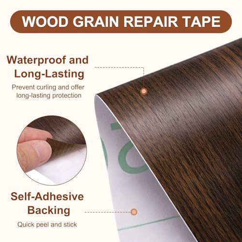 Image of MECCANIXITY Wood Grain Repair Tape, 5 Inch x 16 Feet Self Adhesive Wood Grain Tape Multi-Purpose Wallpaper Border Trim for Furniture Floors Windows Doors Tables Home, Black Brown