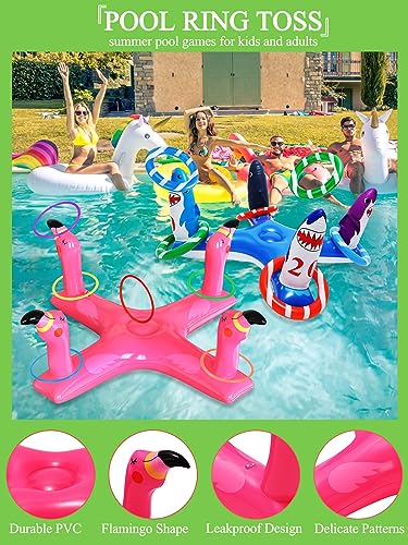 Inflatable Pool Ring Toss Games With 6 Rings, Flamingo Shark Pool Ring Toss Game Summer Pool Toys Party Games For Kids And Adults #TOP2