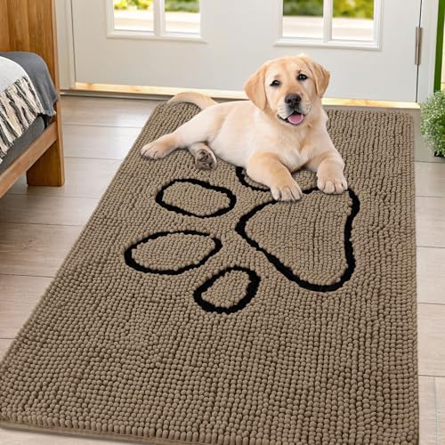 Image of Smiry Dog Door Mat for Muddy Paws, Absorbent Dirt Trapper Non Slip Quick Dry Washable Chenille Mat for Mud Dogs, Entry Rug for Indoor and Outdoor (44x32 Inches, Camel and Black)