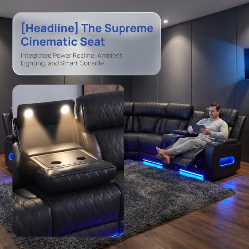 Image of Breathable Leather Power Recliner Sectional Sofa, Bass Speakers, Cup Holder & Storage Console for Living Room Home Theater
