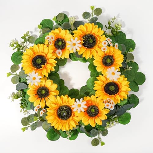20 Inch Sunflower Wreath Summer Wreath with Daisies and Eucalyptu...