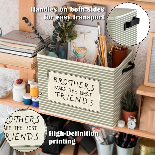 Image of Boy Nursery Storage Bins Box with Handles, Brothers Make the Best Friends Neutral Striped Collapsible Basket Organizer for Kids Boys Room Bedroom Playroom Bathroom Books Clothes