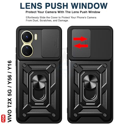 Image of AESTMO Polycarbonate Tough Armor Vivo T2X 5G /Y56 5G /Y16 Bumper Back Case Cover|Ring Holder&Sliding Camera Shield Cover|360 Degree Protection Back Case Cover for Vivo T2X 5G /Y56 5G /Y16(Black)