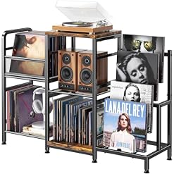 Large Record Player Stand, Vinyl Record Storage Holds up to 400+ Albums, 3 Tier Turntable Stand with Display Shelf, 3-in-1 Multifunctional Record Player Cabinet Media Console Table for Stereo - Les Beatles, Paul McCartney, John Lennon, RIngo Starr, George Harrison