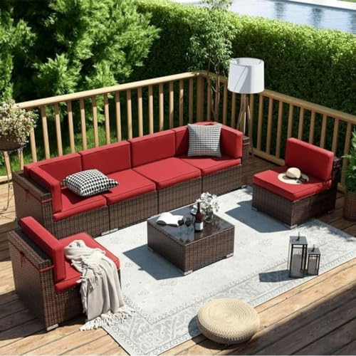 Image of 6 Seater Outdoor Patio Sectional Sofa Set| Wicker Furniture Conversation Sets with Washable Cushions, and Glass Coffee Table for Garden, Poolside, and Backyard. (Red0832)