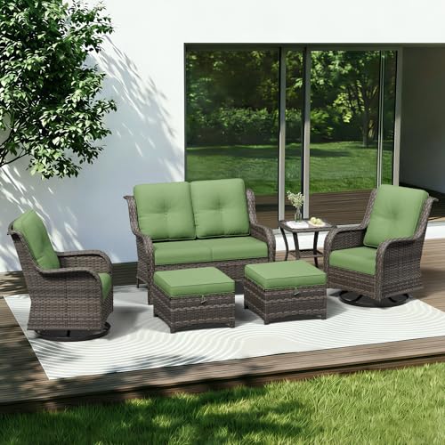 Image of 6 Piece Outdoor Wicker Patio Furniture Set, Outdoor Swivel Rocker Patio Chairs Set with Thickened Olefin Cushions, High Back and Deep Seating, Hand-Woven PE Rattan for Porch, Deck