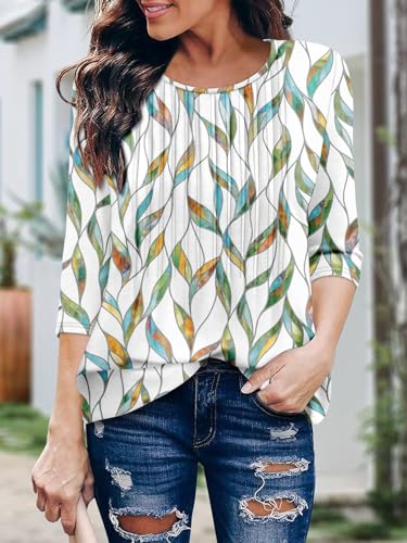 KISSMODA Tunic Tops for Women Loose Fit Dressy Round Neck Pleated 3/4 Length Sleeve Spring Tops