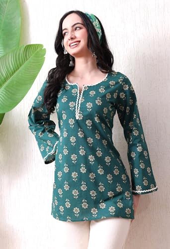 Image of MEERA FAB Women's Floral Printed Cotton Short Kurta | Floral Printed Kurta with Bell Sleeves | Short Kurti for Women