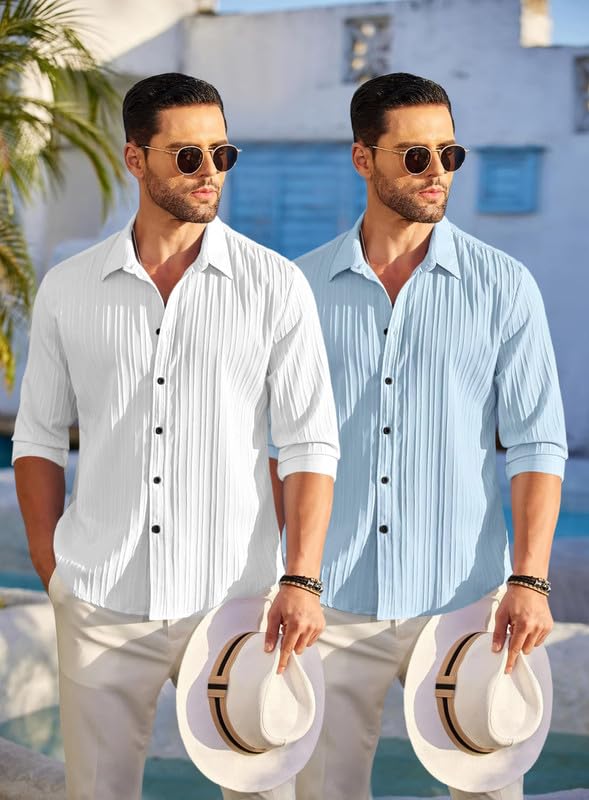Image of FINIVO FASHION Men's Cotton Blend Shirt Set Lightweight, Full Sleeves, Plain Texture, Button Closure, Summer Ready (Pack of 2)