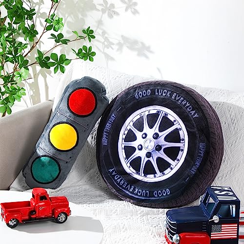 Image of Woanger 2 Pcs Race Car Room Decor Racing Plush Throw Pillow Set Gift 15.7 Inch Soft 3D Simulation Wheel Pillow Funny Tire Cone Traffic Light and Stop for Valentines Bedroom Decorations(Traffic Light)