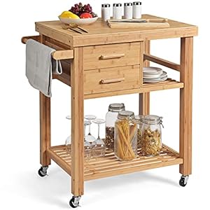 PETSITE Bamboo Kitchen Island Cart Butcher Block Table on Wheels with Drawers Shelves Towel Rack