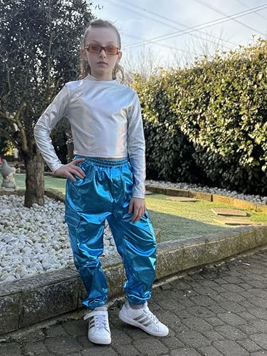 Image of Rolanko Girls Shiny Metallic Cargo Pants, Sparkle Jogger Pants for Girls Hip Hop Dance Streetwear Cargo Trousers 6-15 Years